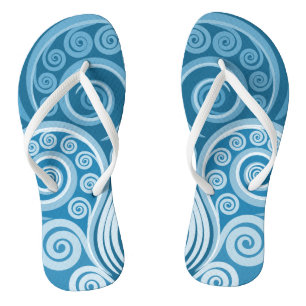 Abstract Blue Unfurling Fern Frond Leaves Flip Flops