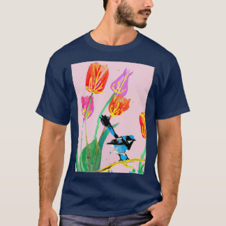 Abstract Blue Wren and Tulips Painting on Pale Pin T-Shirt