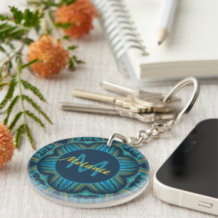 Abstract Blue Yellow Ornate Mandala Personalised Keychain
