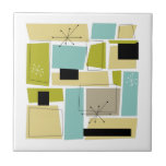 Abstract Blue Yellow Squares Mid Century Tile<br><div class="desc">This funky mid-century modern ceramic tile features aqua blue, avocado green, yellow, and tan abstract rectangles, along with highlights of black and white starbursts. Add a pop of retro fun to your home decor!</div>