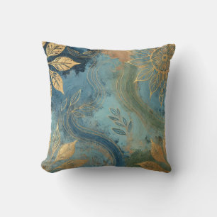 Abstract Bluish-Golden Leaf Artwork Style 26 Throw Pillow