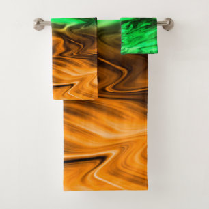 Abstract blurry spotted pattern in orange green bath towel set