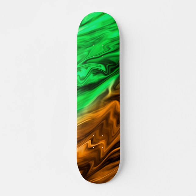 Abstract blurry spotted pattern in orange green skateboard (Front)