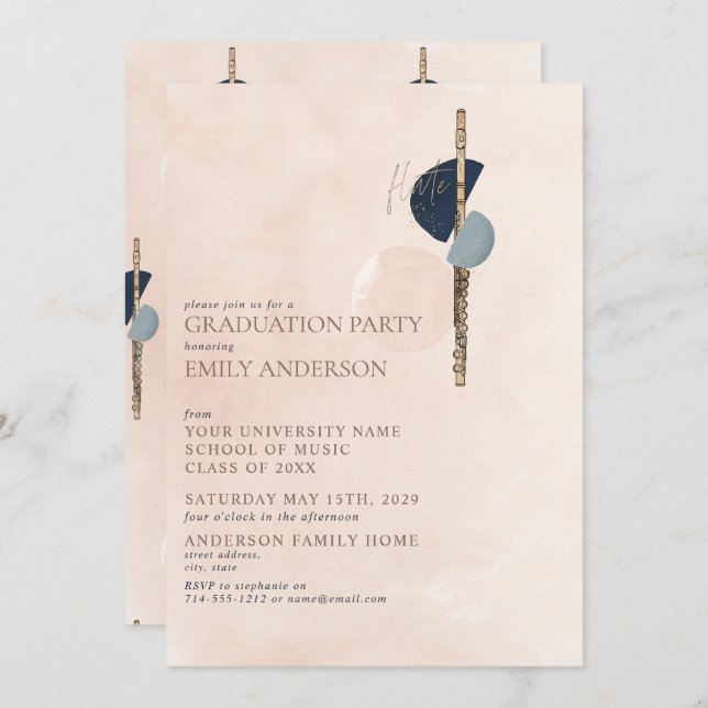 Abstract Blush Pink & Blue Gold Flute Graduation Invitation (Front/Back)
