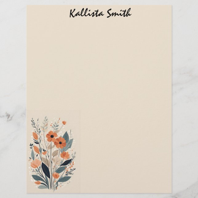 Abstract Boho Floral Raw Sienna and Salmon Letterhead (Front)