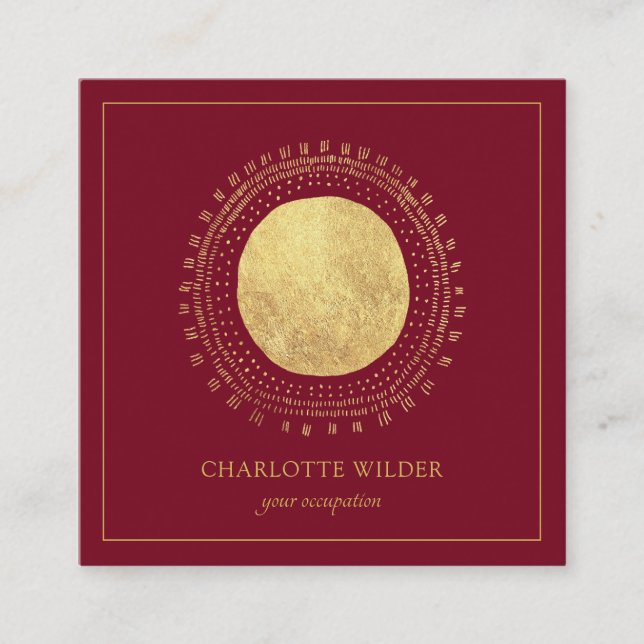 Abstract Boho Gold Foil Circle Square Red Square Business Card (Front)