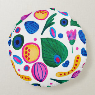 Abstract Boho Maximalist Botanical Garden Round Pillow
