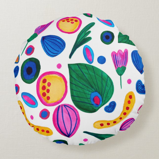 Abstract Boho Maximalist Botanical Garden Round Pillow (Back)