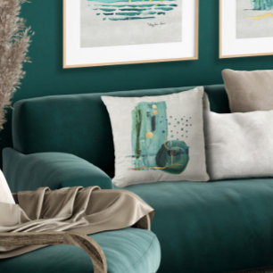 Abstract Boho Modern Style Green n Gold Watercolor Throw Pillow
