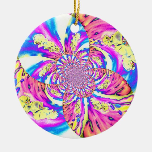 Abstract boho pink orange blue purple orchid art  ceramic ornament (Front)