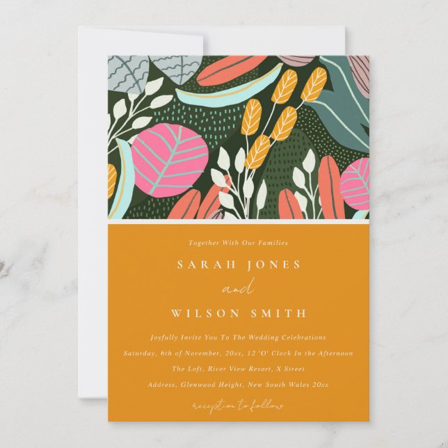 Abstract Bold Colourful Tropical Botanical Wedding Invitation (Front)