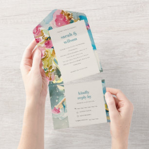 Abstract Bold Pink Blue Watercolor Floral Wedding All In One Invitation