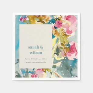 Abstract Bold Pink Blue Watercolor Floral Wedding Napkin