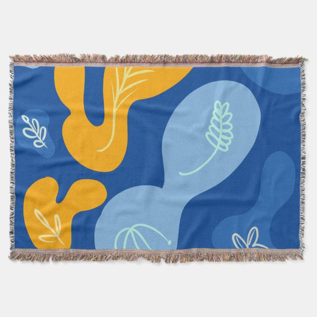 Abstract Botanical Blobs Blue Yellow Throw Blanket (Front)