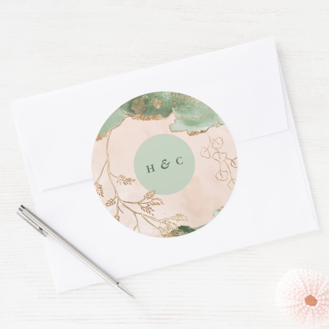 Abstract Botanical Eucalyptus Modern Monogram Classic Round Sticker (Envelope)