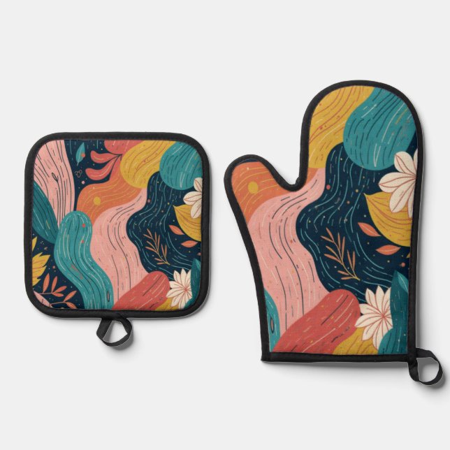 Abstract Botanical Flow -  Oven Mitt & Pot Holder Set (Front)