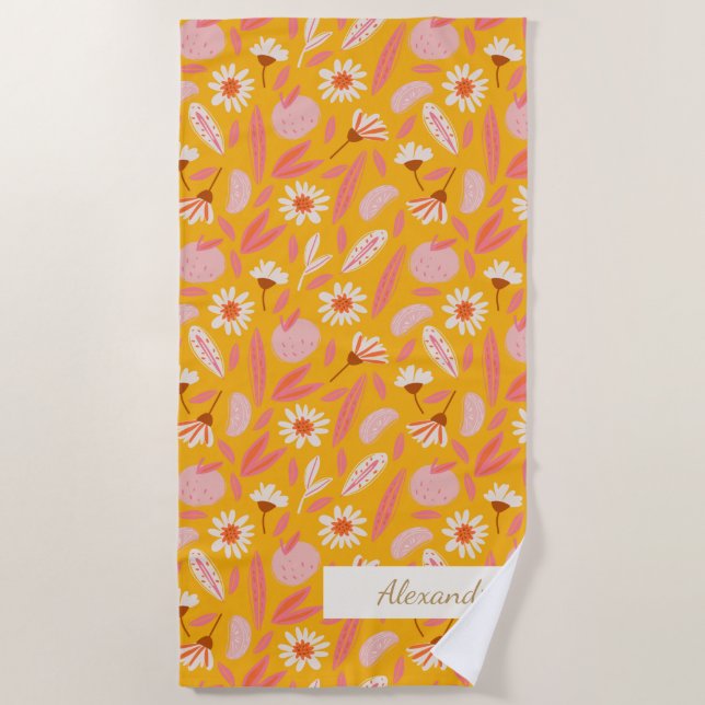 Abstract Botanical Fruit Modern Boho Yellow Name Beach Towel (Front)