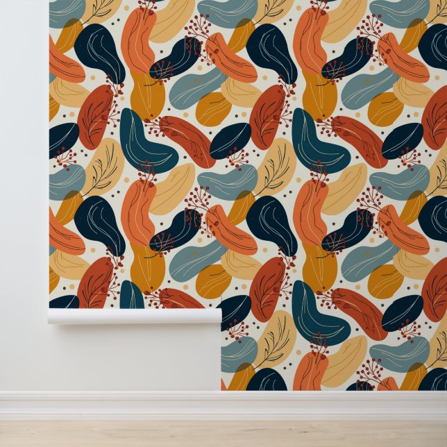 Abstract Botanical Leaf and Berry Pattern Wallpaper (Application)