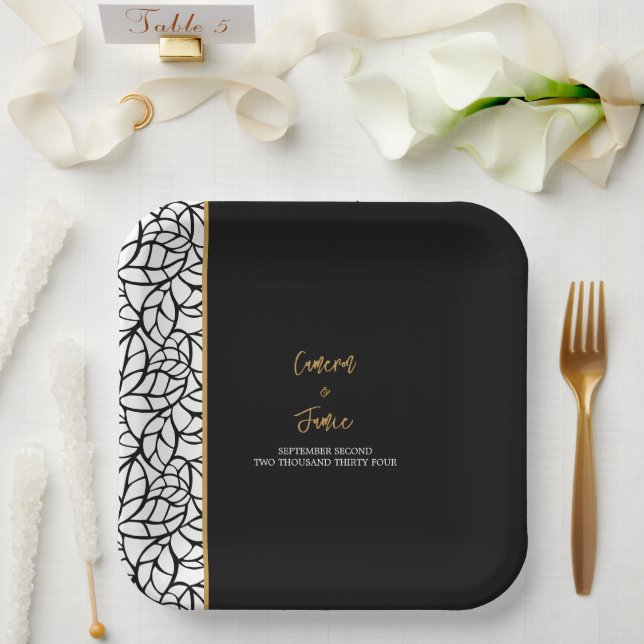 Abstract Botanical Leaves Border Paper Plate (Wedding)