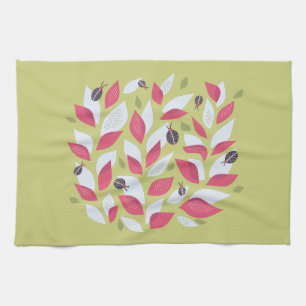 Abstract Botanical Pink Leaves Ladybugs Spring Kitchen Towel