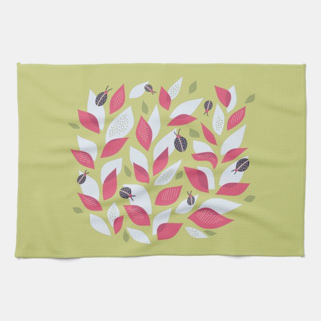 Abstract Botanical Pink Leaves Ladybugs Spring Kitchen Towel (Horizontal)