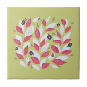 Abstract Botanical Pink Leaves Ladybugs Spring Tile