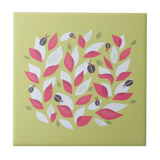 Abstract Botanical Pink Leaves Ladybugs Spring Tile (Front)