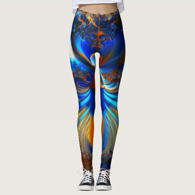 Abstract Bright Blue and Orange Fractal Leggings (Front)