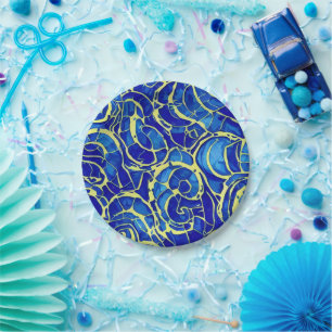 Abstract Bright Blue Mosiac Pattern Paper Plate