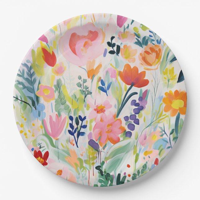 Abstract Bright Colourful Flower Illustration Paper Plate (Front)