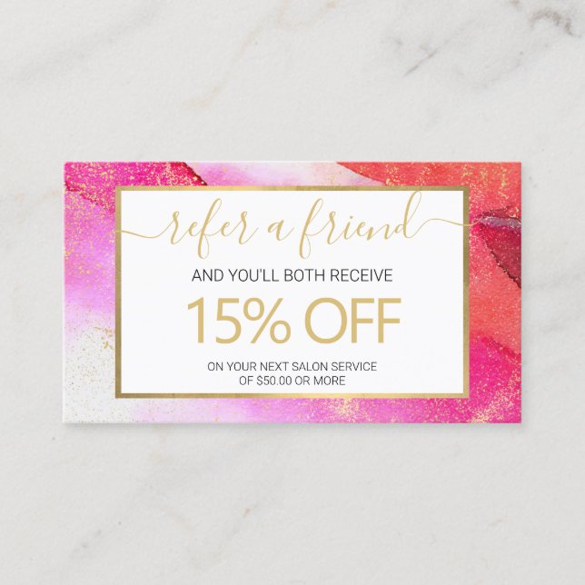 Abstract Bright Pink Watercolor Referral Business Card (Front)