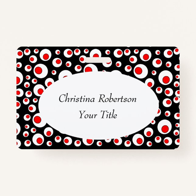 Abstract Bright Red Circles in White Circles Black Badge (Front)