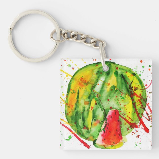 Abstract bright watercolor watermelon keychain (Front)