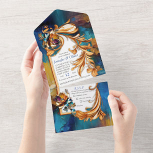 Abstract bronze, gold-blue Baroque style All In One Invitation