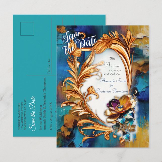 Abstract bronze, gold-blue Baroque style Announcement Postcard (Front/Back)