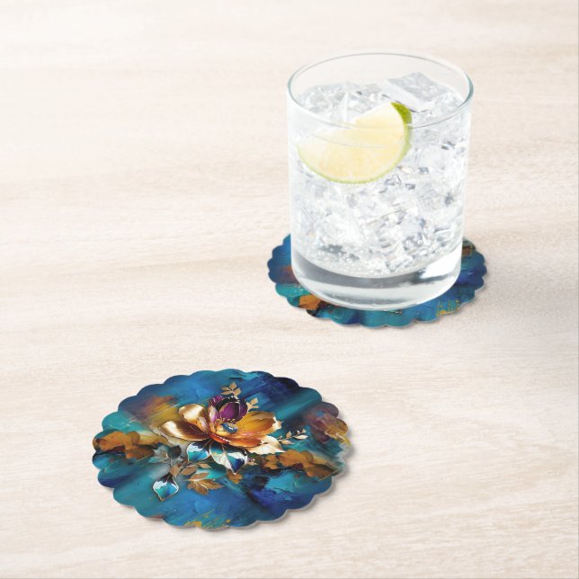 Abstract bronze, gold-blue Baroque style Paper Coaster (Insitu)