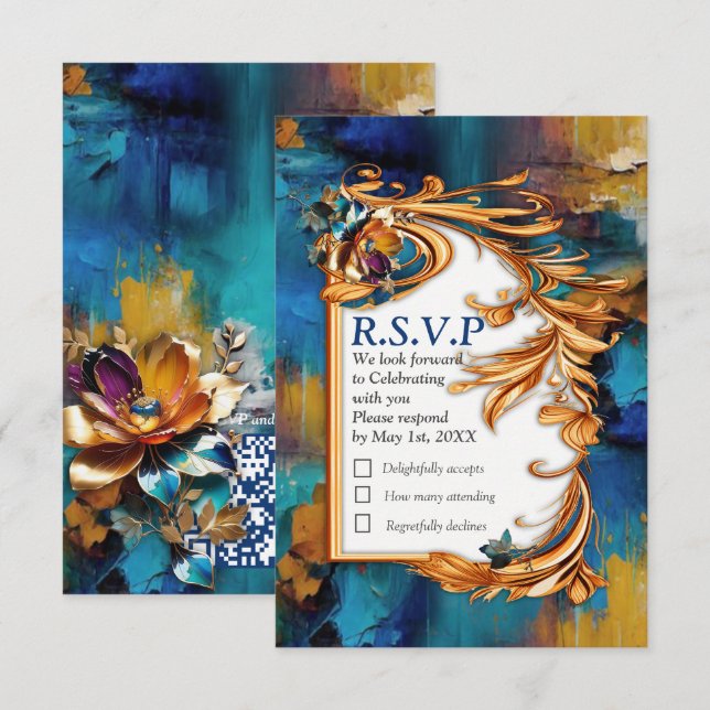 Abstract bronze, gold-blue Baroque style RSVP Card (Front/Back)