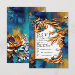 Abstract bronze, gold-blue Baroque style RSVP Card