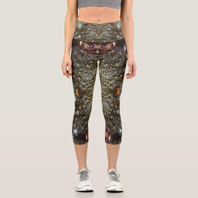 Abstract brown, dark grey texture pattern capri leggings (Front)