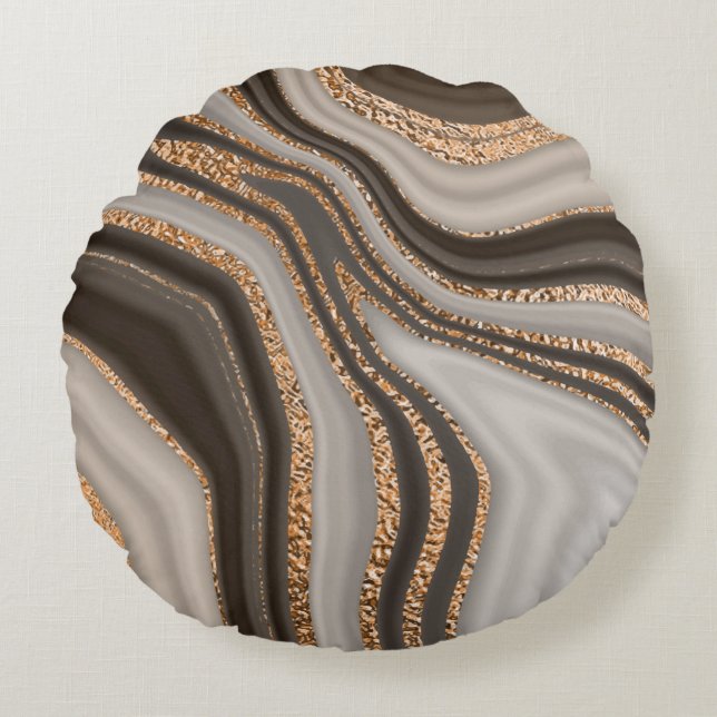 Abstract brown marble with gold texture round pillow (Front)