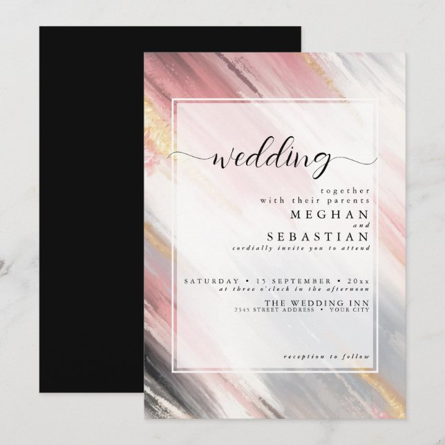 Abstract Brush Stroke Blush Gold Charcoal Invitation (Front/Back)