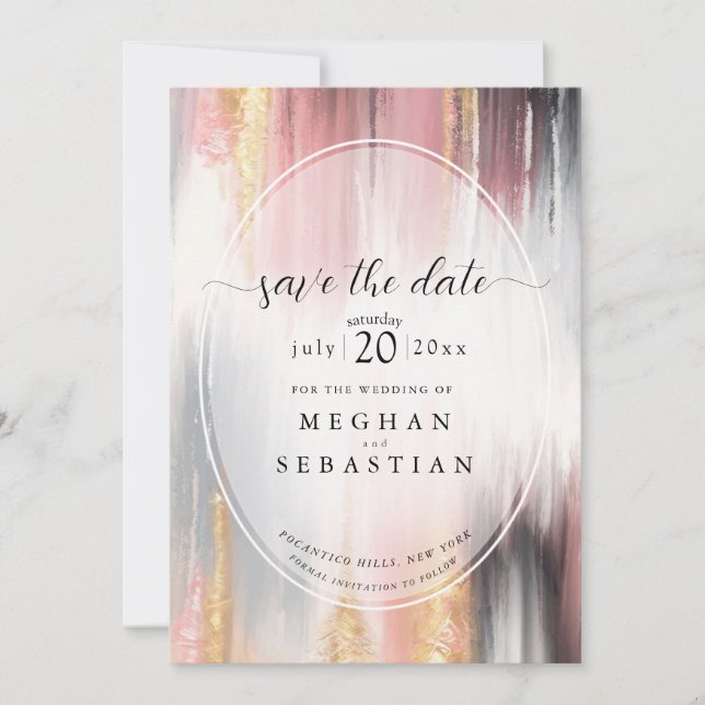 Abstract Brush Strokes Blush Gold Charcoal Save The Date (Front)
