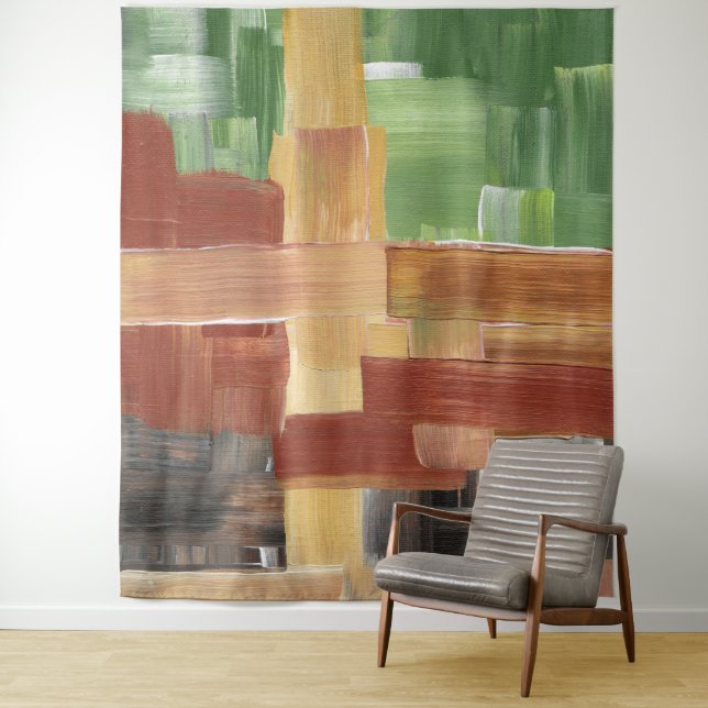 Abstract Brush Strokes Green, Brown, & Earth Tones Tapestry (In Situ)