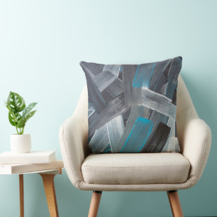 Abstract Brush Strokes in Blue, Grey, and Black Throw Pillow