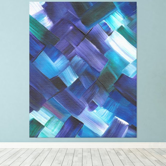 Abstract Brush Strokes in Blue, Teal, and Purple Canvas Print (Insitu(Wood Floor))