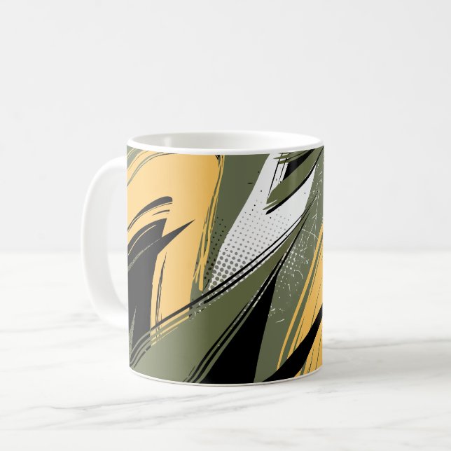 Abstract Brush Strokes with Olive Green & Yellow Coffee Mug (Front Left)