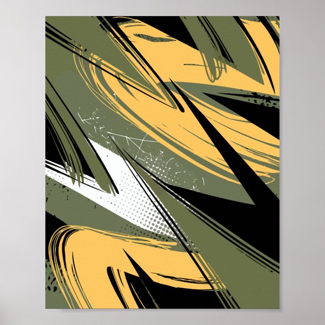 Abstract Brush Strokes with Olive Green & Yellow Poster (Front)