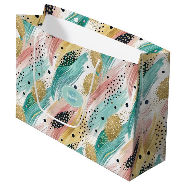 Abstract Brushstroke & Dot Pattern - Gold Accent 2 Large Gift Bag (Front Angled)