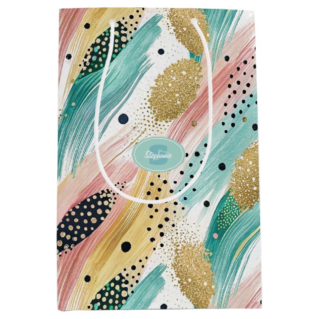 Abstract Brushstroke & Dot Pattern - Gold Accent 2 Medium Gift Bag (Front)