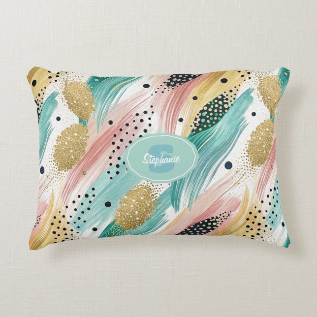 Abstract Brushstroke & Dot Pattern - Gold Accent 2 Pillow (Front)